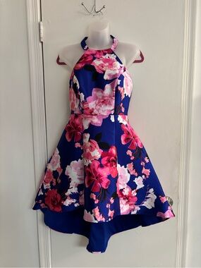 Women’s Royal Blue and Pink Floral Halter Dress
